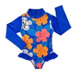 Kız Çocuk Çiçek Baskılı Sırtı Fermuarlı Uzun Kollu Güneş Koruyucu Fırfırlı Mayo