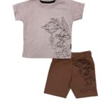 Tavşan Baskılı Pamuklu Yazlık Çocuk Tişört Şort Takım-Kahverengi