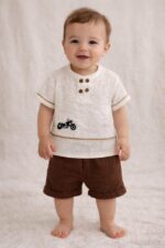 Bebek&Çocuk %100 Pamuklu Düğmeli Müslin Alt Üst Şort Takım Kahverengi - Görsel 2