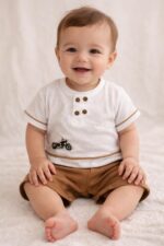 Bebek&Çocuk %100 Pamuklu Düğmeli Müslin Alt Üst Şort Takım Kahverengi