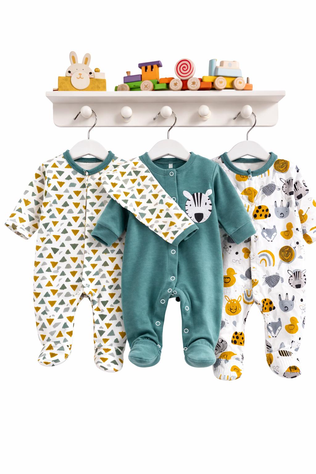 3LÜTULUM %100 Pamuk Renkli Zebra Hayvan Desenli 3'lü Patikli Tulum (KIZ - ERKEK - YENİDOĞAN) - Görsel 1