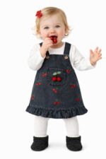 Kız Bebek Kot Salopet Elbise Kiraz Detaylı, Bluzlu Takım - Görsel 2