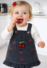 Kız Bebek Kot Salopet Elbise Kiraz Detaylı, Bluzlu Takım - Görsel 5