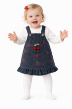 Kız Bebek Kot Salopet Elbise Kiraz Detaylı, Bluzlu Takım - Görsel 3