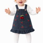 Kız Bebek Kot Salopet Elbise Kiraz Detaylı, Bluzlu Takım