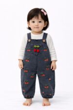 Kiraz Nakışlı Kot Kumaş Mevsimlik 2li Salopet Set