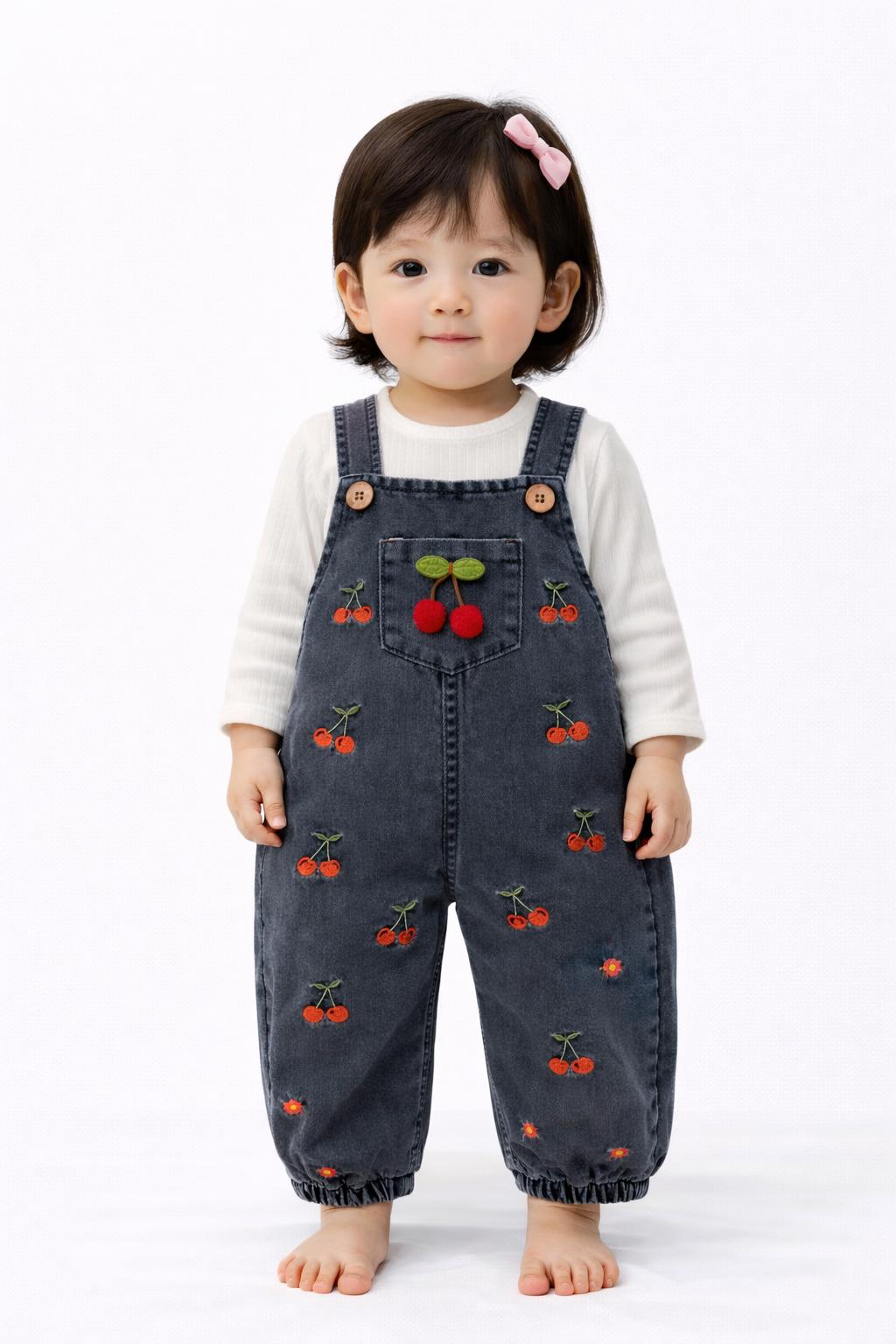 kua11 Kiraz Nakışlı Kot Kumaş Mevsimlik 2li Salopet Set - Görsel 1