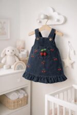 Kız Bebek Kot Salopet Elbise Kiraz Detaylı, Bluzlu Takım - Görsel 4