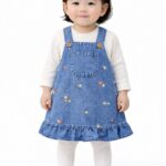 Kız Bebek Kot Salopet Elbise Cicek Detaylı, Bluzlu Takım