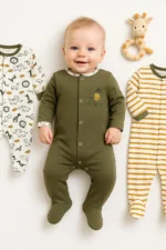 Bebek % 100 Pamuklu 3-6-9 Ay Safari Desenli Patikli Yenidoğan Kıyafet 3-6-9 Ay